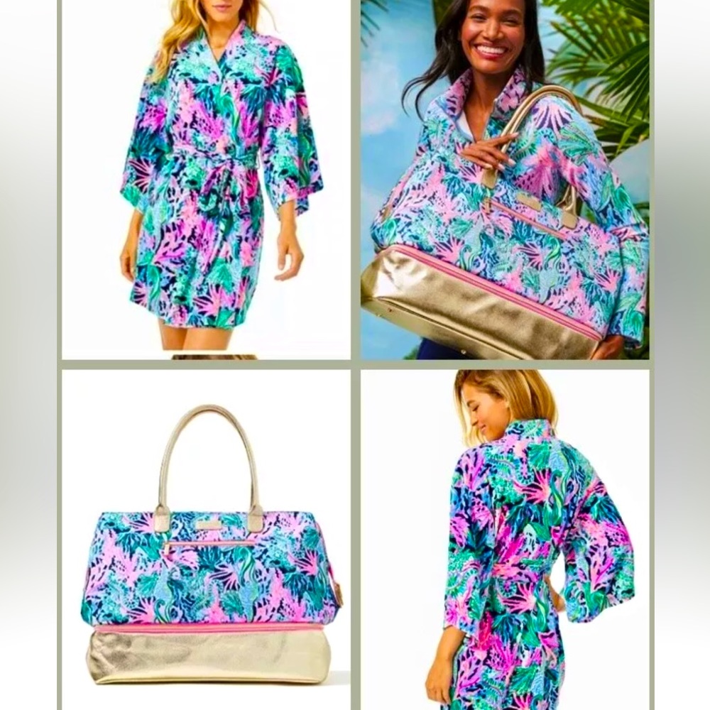 NWT LILLY PULITZER JUMBO WEEKENDER BAG & ROBE BRINGING MERMAID BACK GRAIL SET